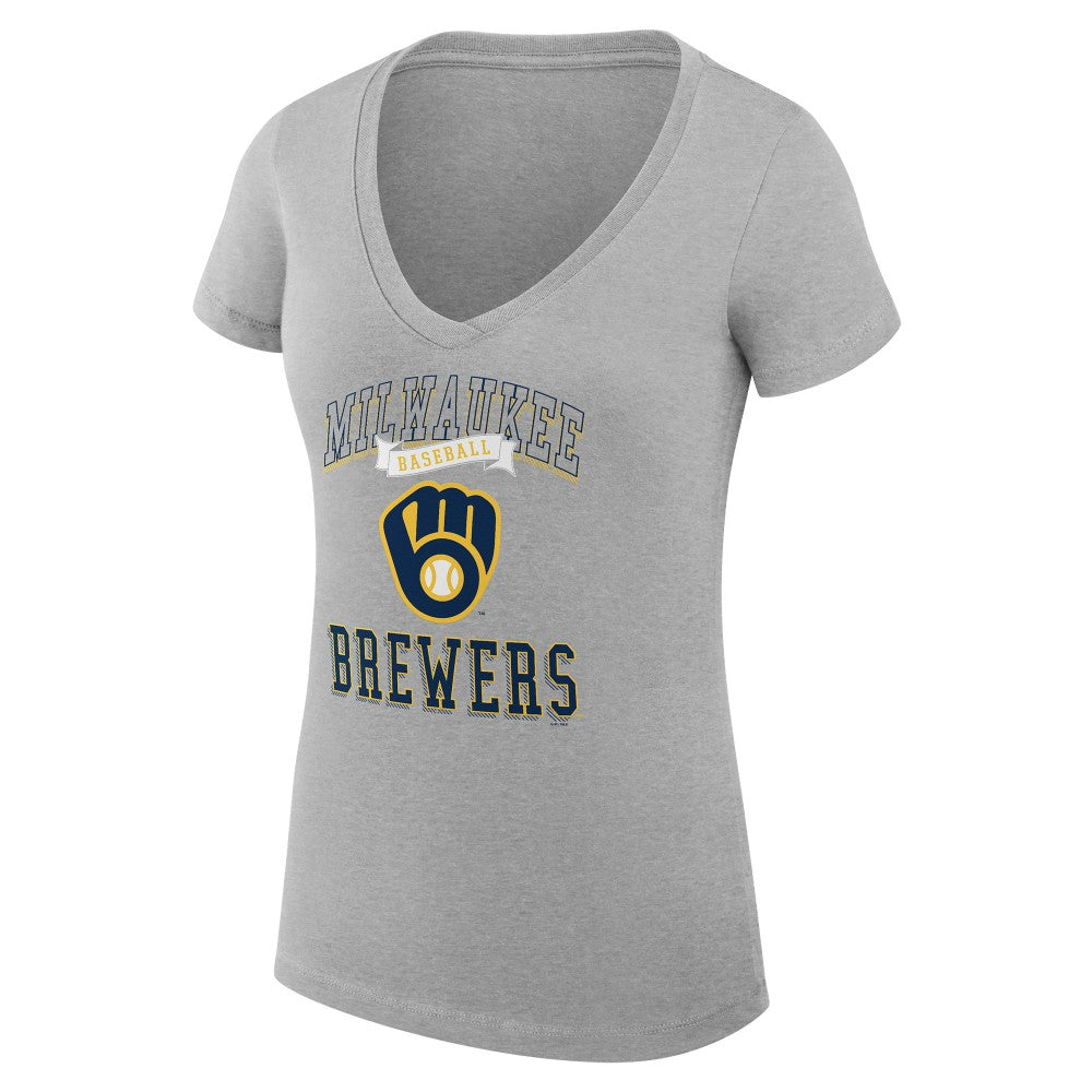 Milwaukee Brewers G-III 4Her by Carl Banks Women's Super-Slim Fit Lightweight Team Logo Graphic V-Neck T-Shirt Heather Gray