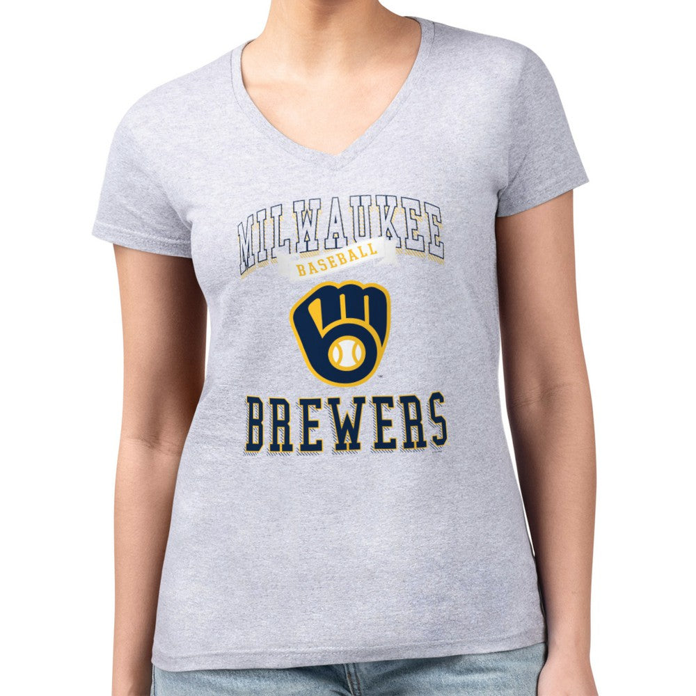 Milwaukee Brewers G-III 4Her by Carl Banks Women's Super-Slim Fit Lightweight Team Logo Graphic V-Neck T-Shirt Heather Gray