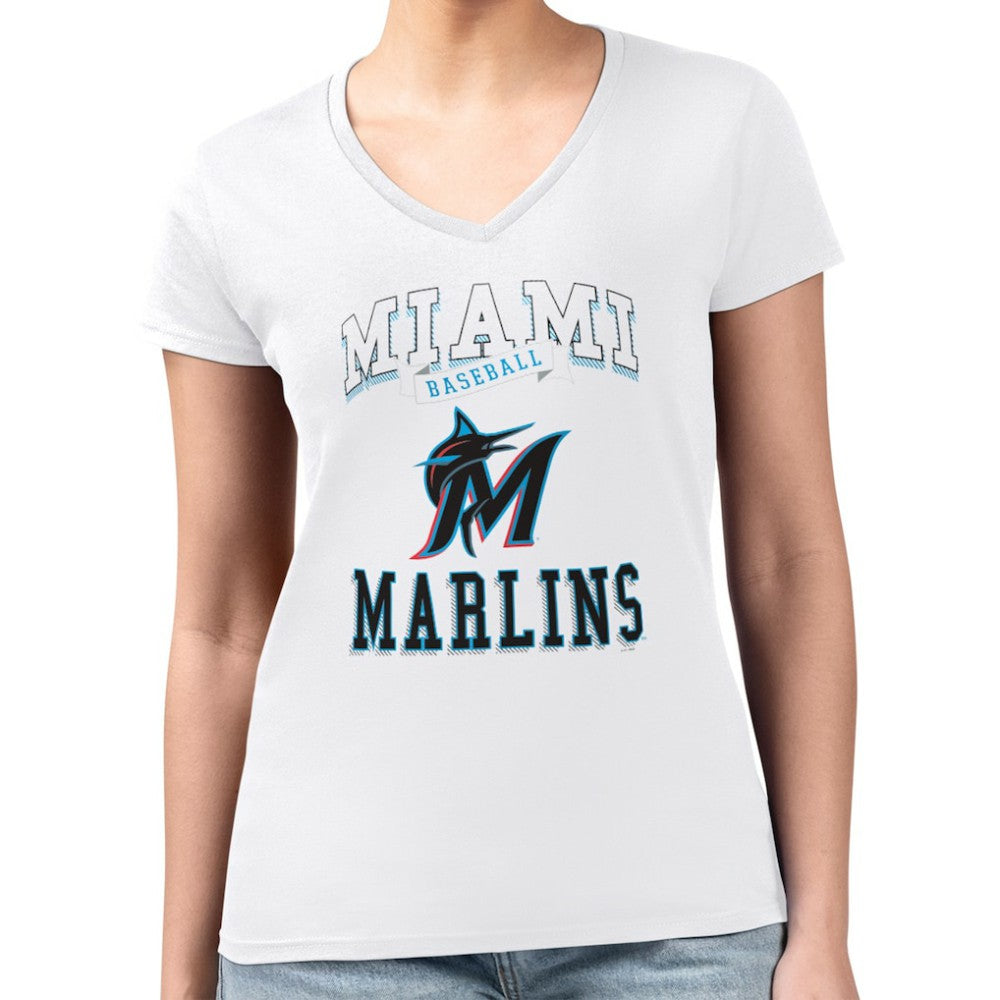 Miami Marlins G-III 4Her by Carl Banks Women's Super-Slim Fit Lightweight Team Logo Graphic V-Neck T-Shirt White
