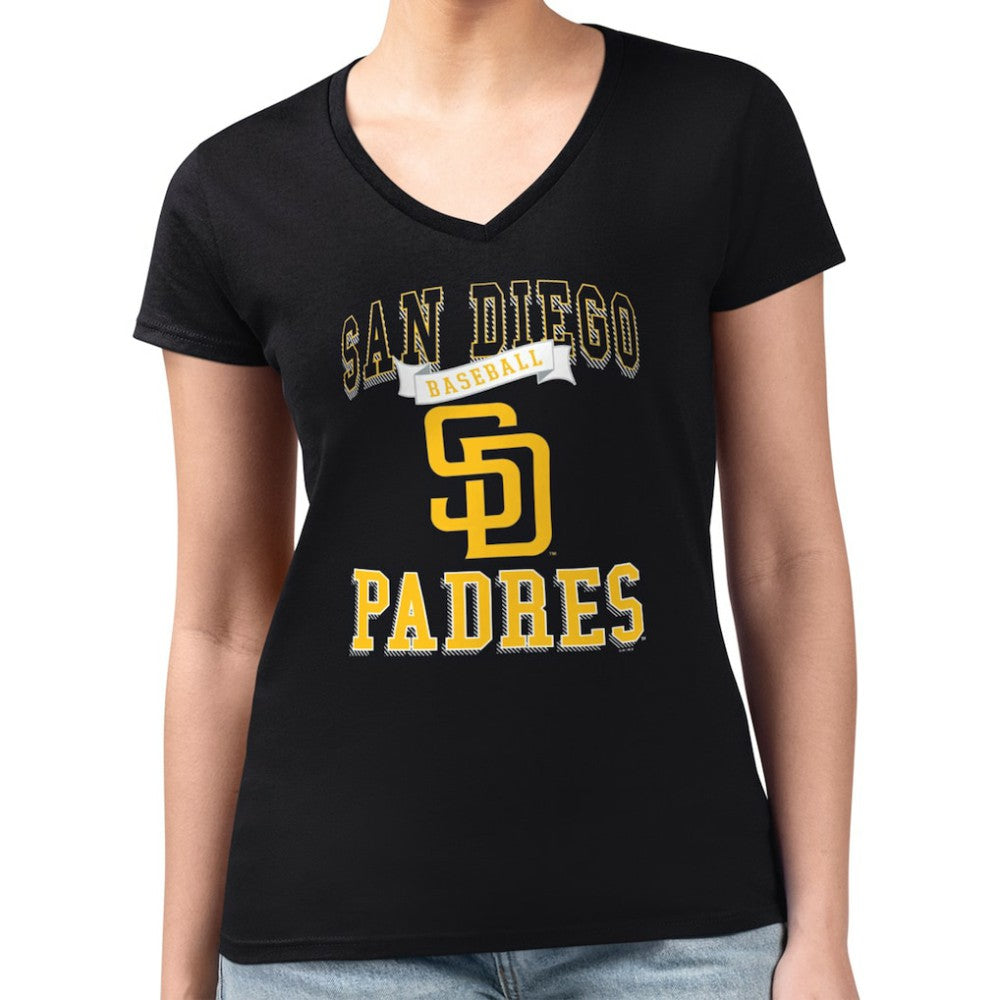 San Diego Padres G-III 4Her by Carl Banks Women's Super-Slim Fit Lightweight Team Logo Graphic V-Neck T-Shirt Black