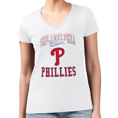 Philadelphia Phillies G-III 4Her by Carl Banks Women's Super-Slim Fit Lightweight Team Logo Graphic V-Neck T-Shirt White