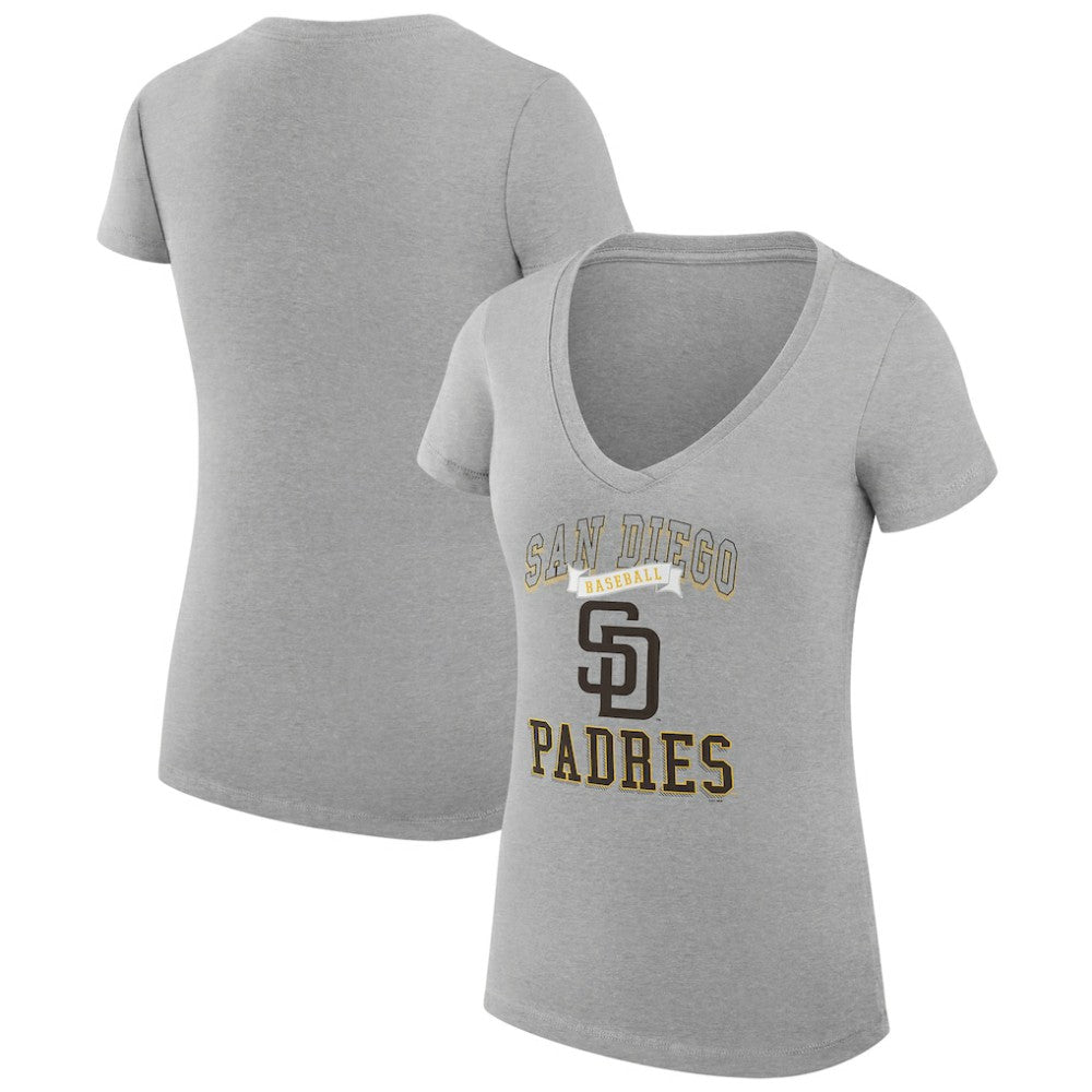 San Diego Padres G-III 4Her by Carl Banks Women's Super-Slim Fit Lightweight Team Logo Graphic V-Neck T-Shirt Heather Gray