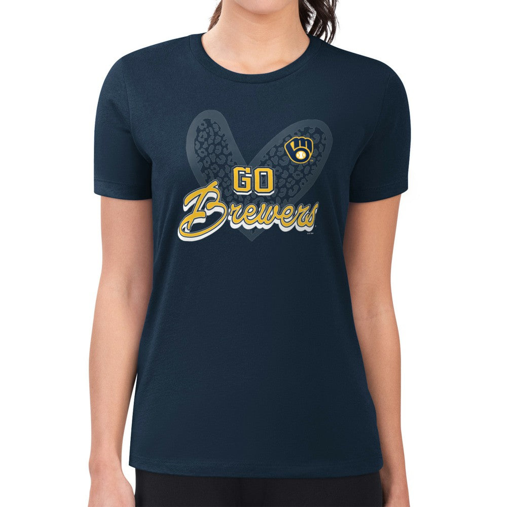 Milwaukee Brewers G-III 4Her by Carl Banks Women's Super-Slim Fit Lightweight Leopard Heart T-Shirt Navy