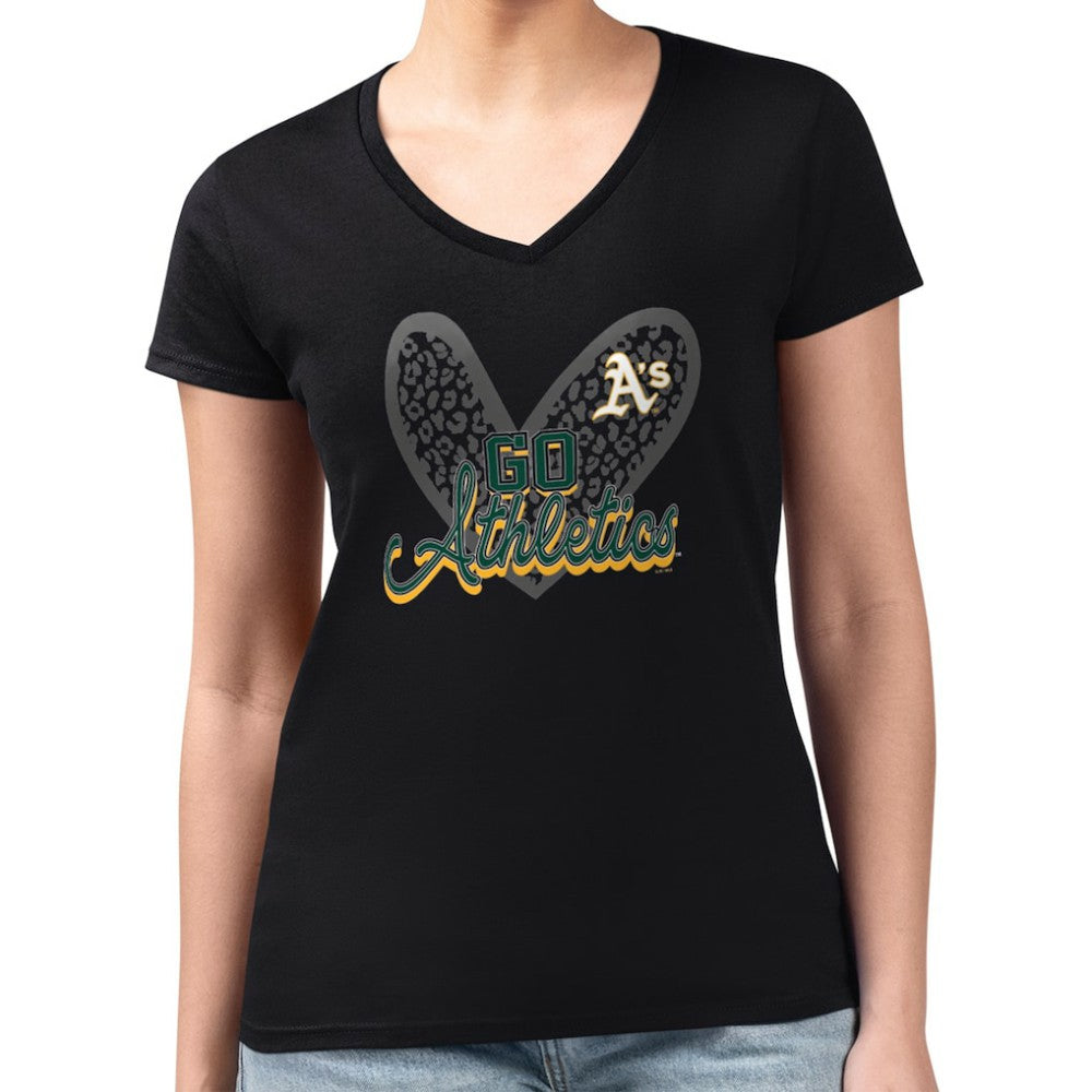 Athletics G-III 4Her by Carl Banks Women's Super-Slim Fit Lightweight Leopard Heart V-Neck T-Shirt Black