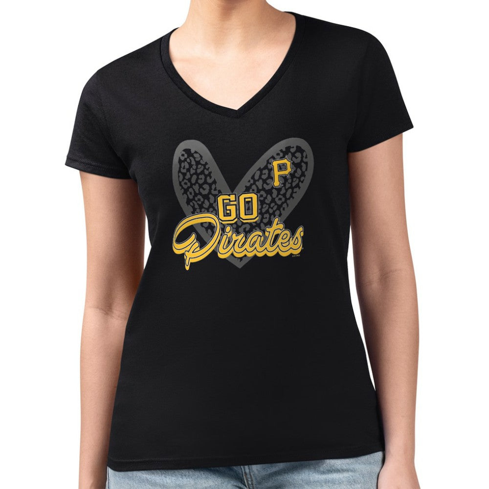Pittsburgh Pirates G-III 4Her by Carl Banks Women's Super-Slim Fit Lightweight Leopard Heart V-Neck T-Shirt Black