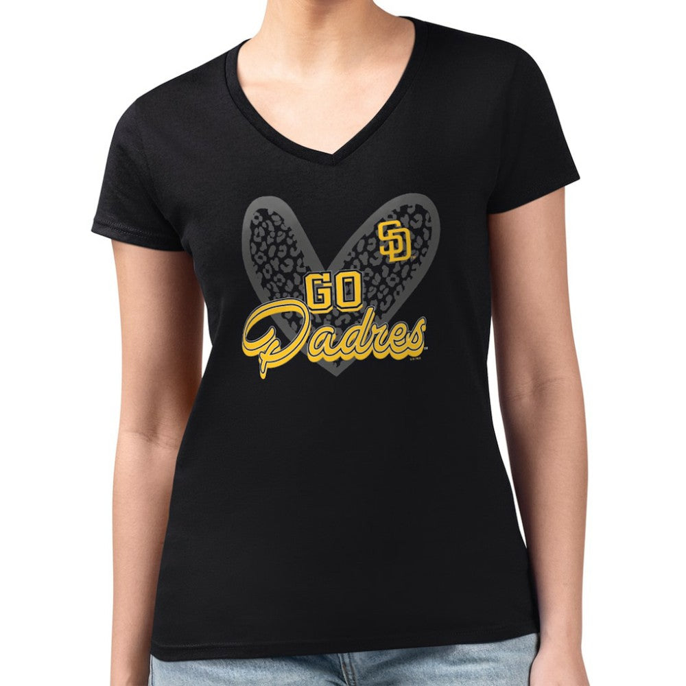 San Diego Padres G-III 4Her by Carl Banks Women's Super-Slim Fit Lightweight Leopard Heart V-Neck T-Shirt Black
