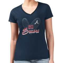 Atlanta Braves G-III 4Her by Carl Banks Women's Super-Slim Fit Lightweight Leopard Heart V-Neck T-Shirt Navy