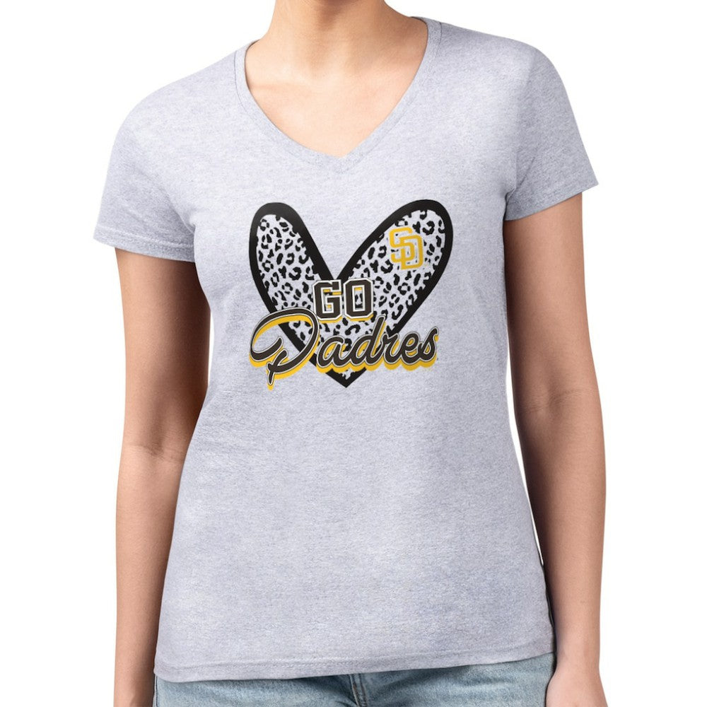 San Diego Padres G-III 4Her by Carl Banks Women's Super-Slim Fit Lightweight Leopard Heart V-Neck T-Shirt Heather Gray