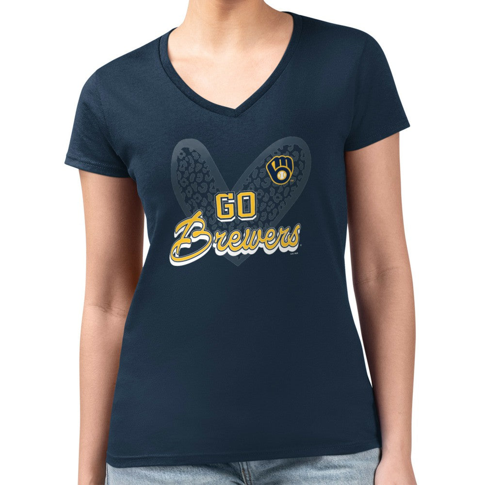 Milwaukee Brewers G-III 4Her by Carl Banks Women's Super-Slim Fit Lightweight Leopard Heart V-Neck T-Shirt Navy
