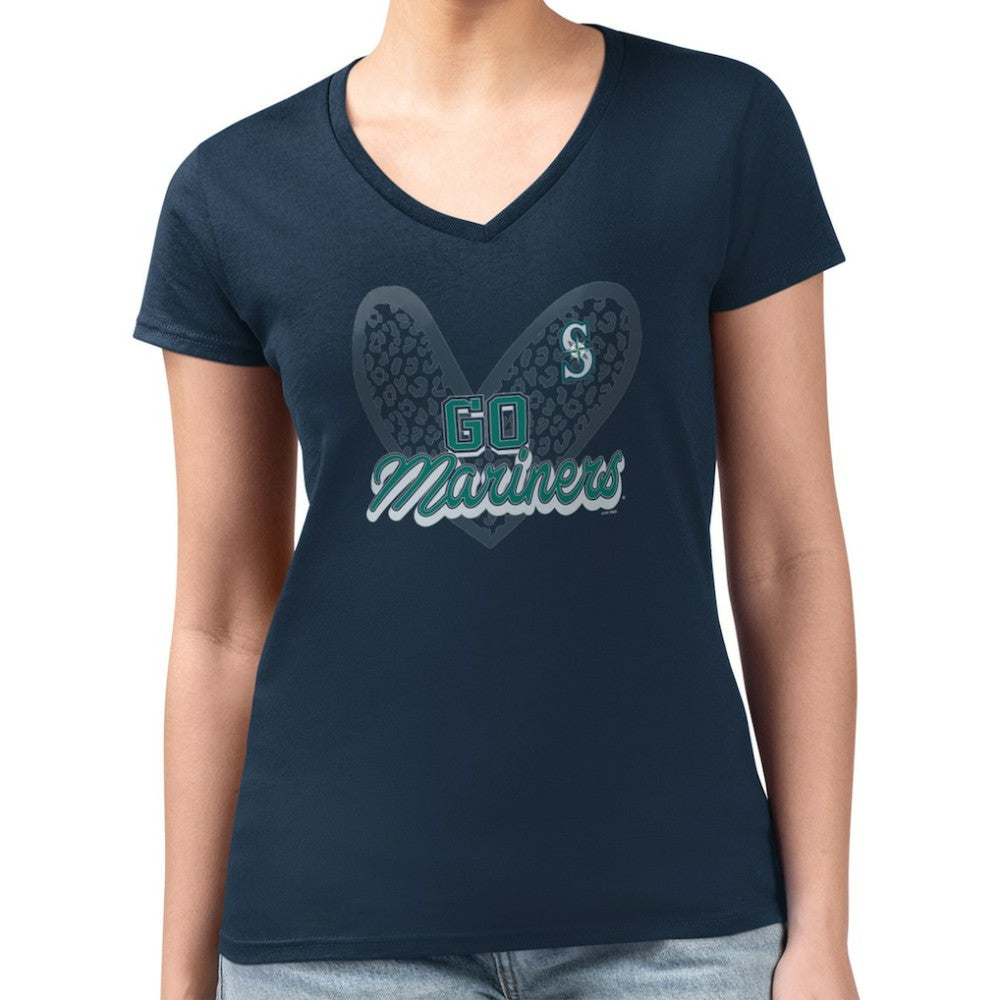 Seattle Mariners G-III 4Her by Carl Banks Women's Super-Slim Fit Lightweight Leopard Heart V-Neck T-Shirt Navy