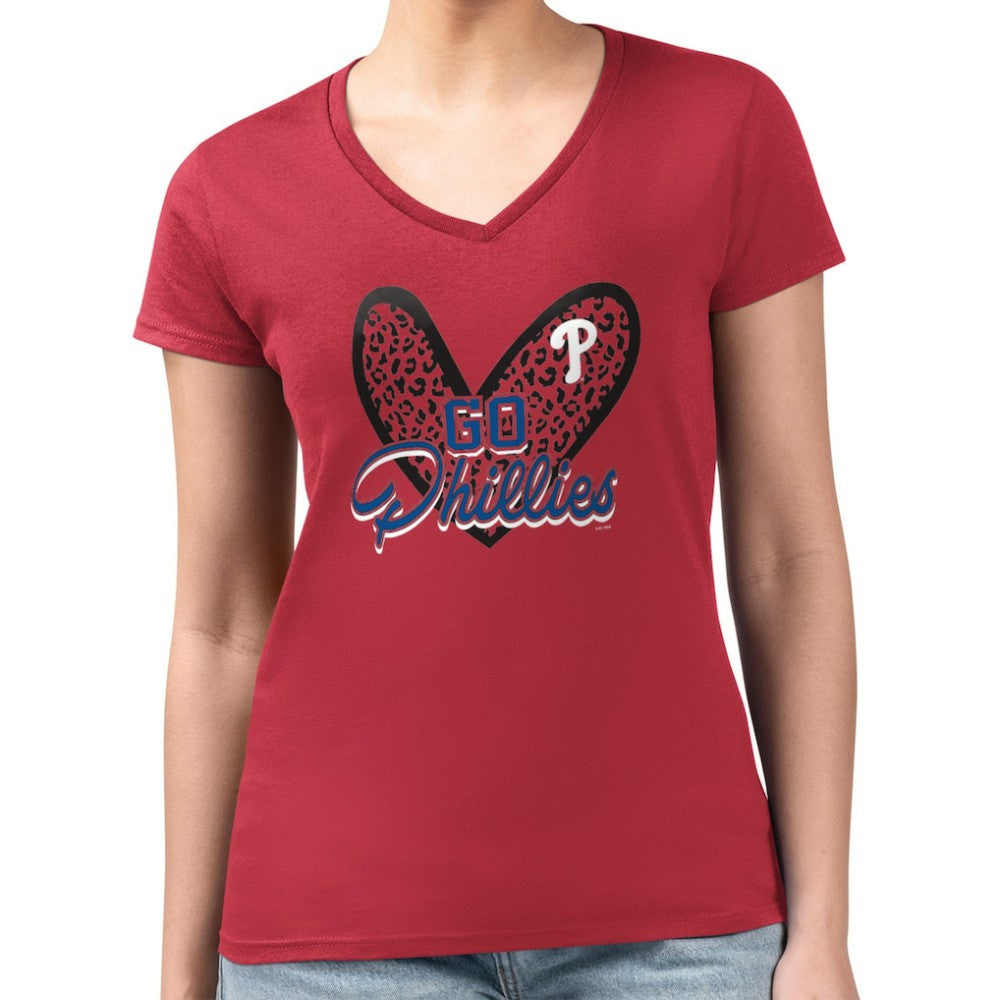 Philadelphia Phillies G-III 4Her by Carl Banks Women's Super-Slim Fit Lightweight Leopard Heart V-Neck T-Shirt Red