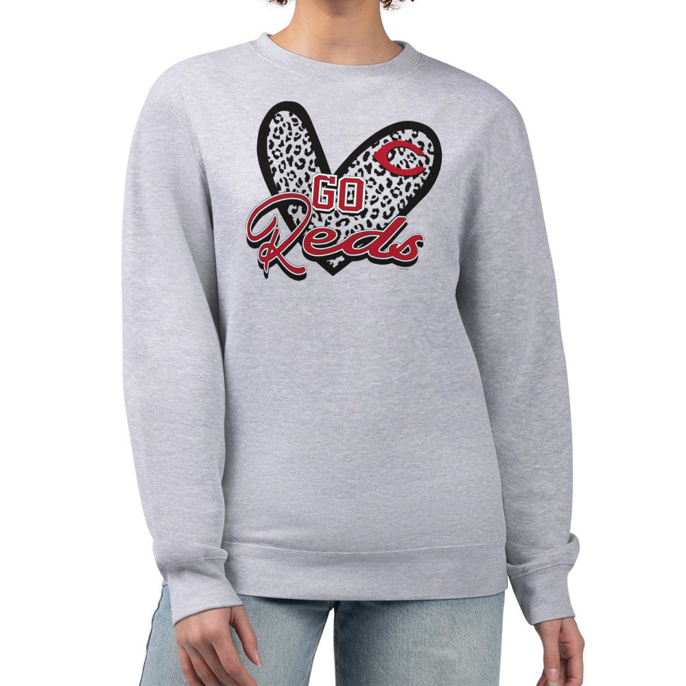 Cincinnati Reds G-III 4Her by Carl Banks Women's Leopard Heart Pullover Sweatshirt Heather Gray