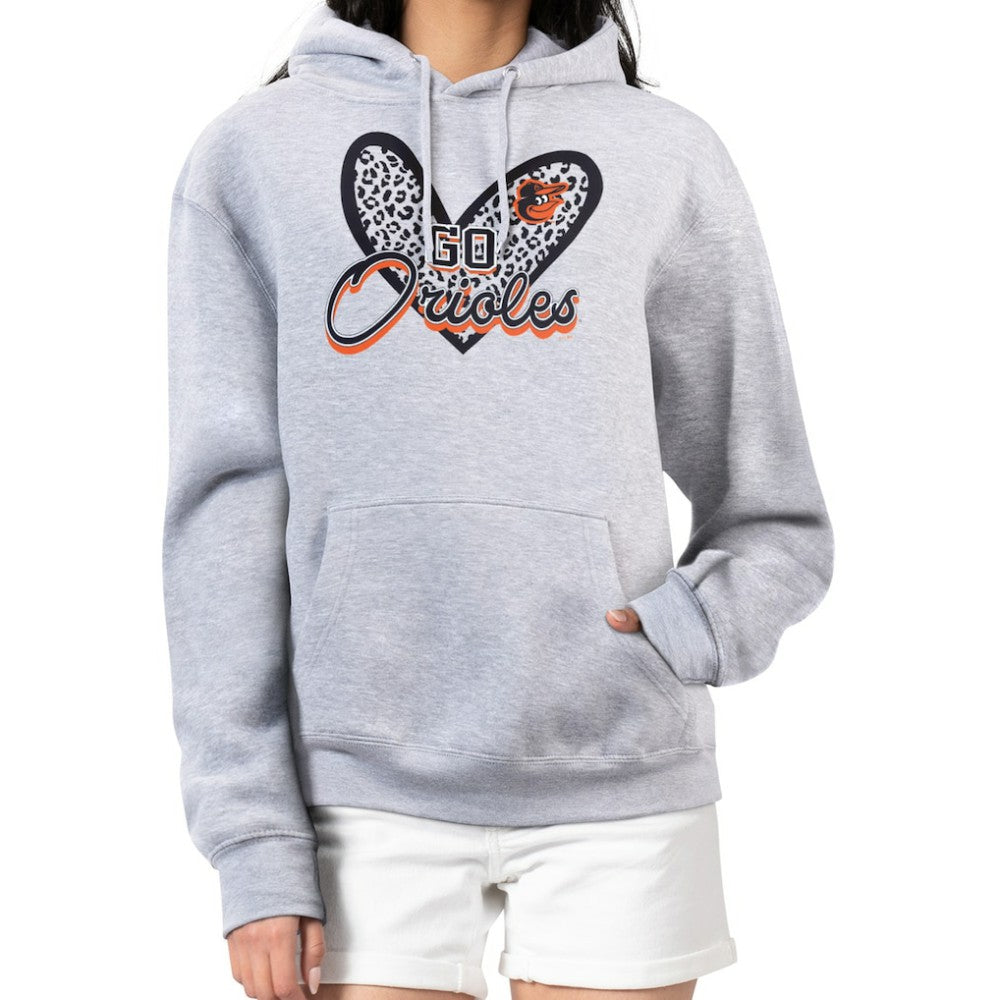 Baltimore Orioles G-III 4Her by Carl Banks Women's Leopard Heart Pullover Hoodie Heather Gray
