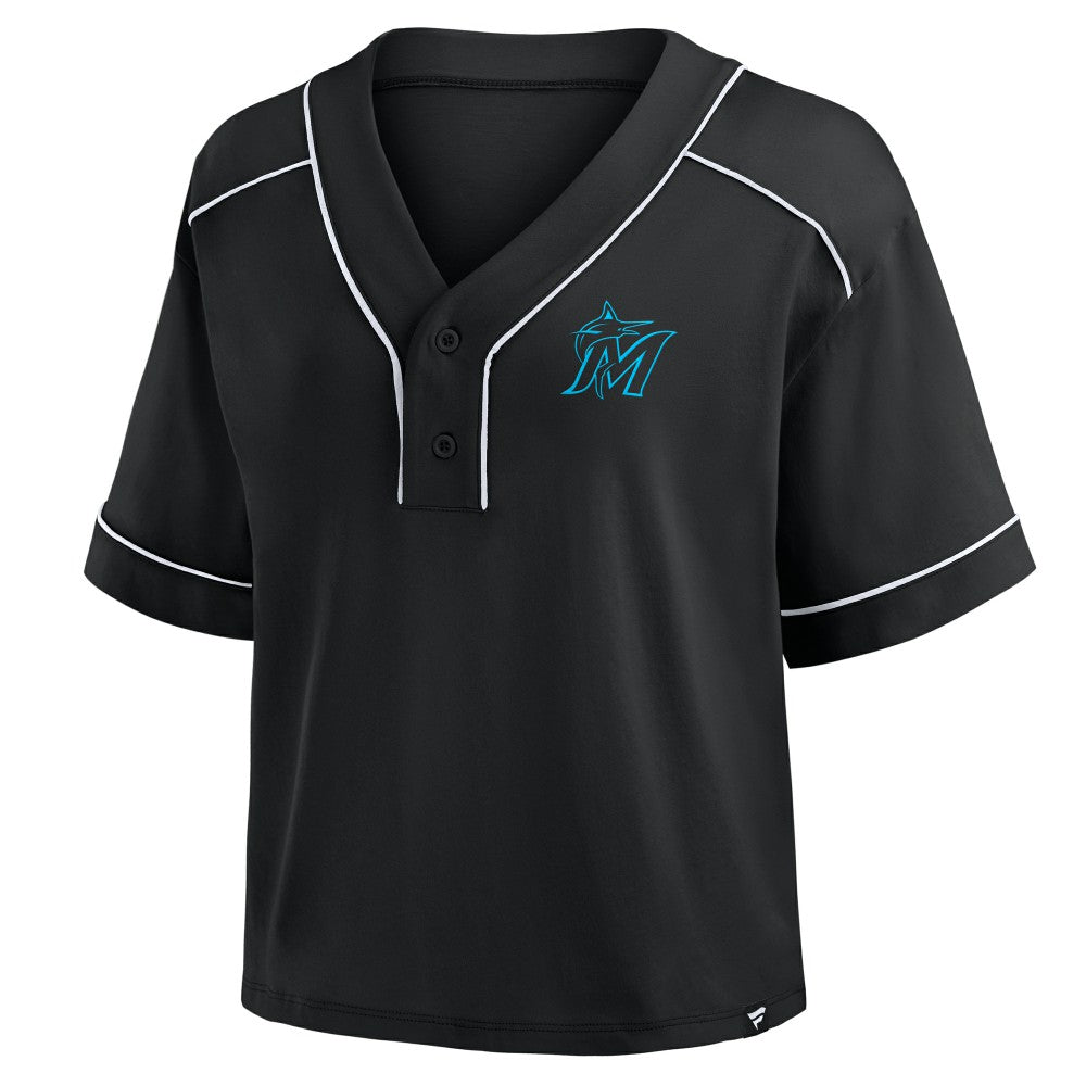 Miami Marlins Women's Oversized Champ Game Cropped  V-Neck T-Shirt Black