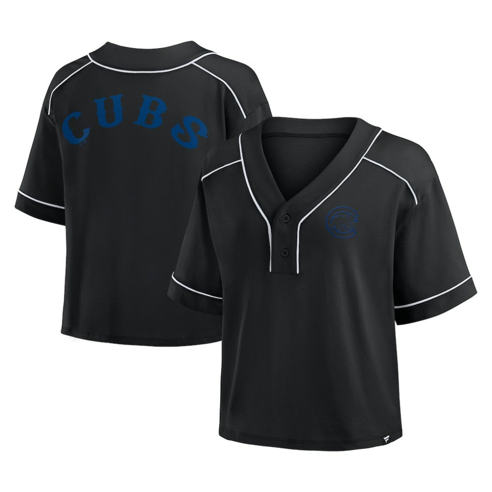 Chicago Cubs Women's Oversized Champ Game Cropped  V-Neck T-Shirt Black