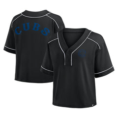 Chicago Cubs Women's Oversized Champ Game Cropped  V-Neck T-Shirt Black