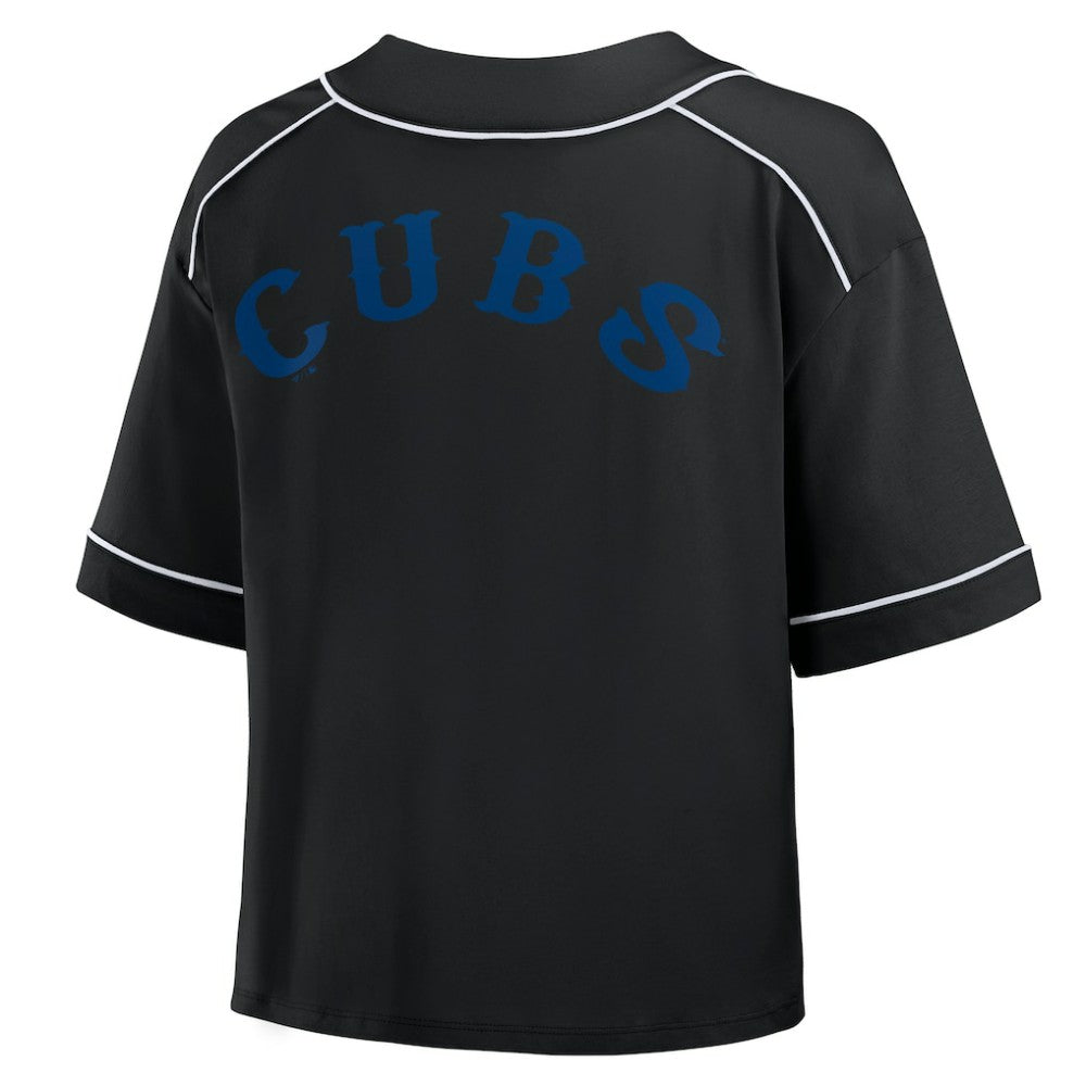 Chicago Cubs Women's Oversized Champ Game Cropped  V-Neck T-Shirt Black