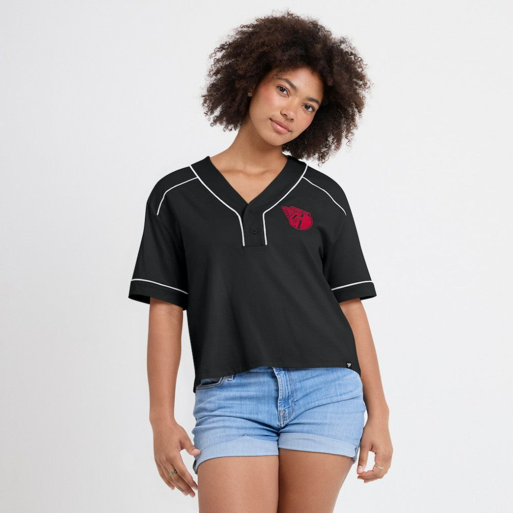 Cleveland Guardians Women's Oversized Champ Game Cropped  V-Neck T-Shirt Black