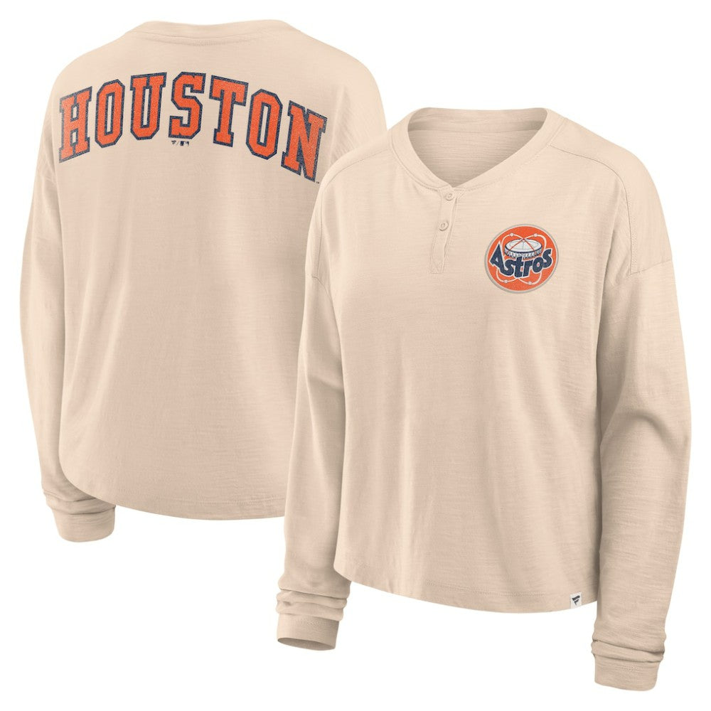 Houston Astros Women's Oversized Stadium Slub Long Sleeve Henley T-Shirt Tan