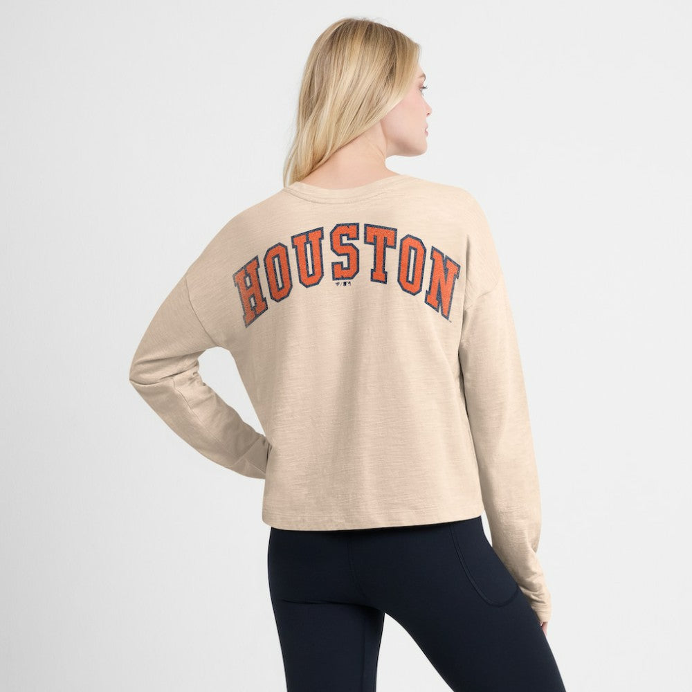 Houston Astros Women's Oversized Stadium Slub Long Sleeve Henley T-Shirt Tan