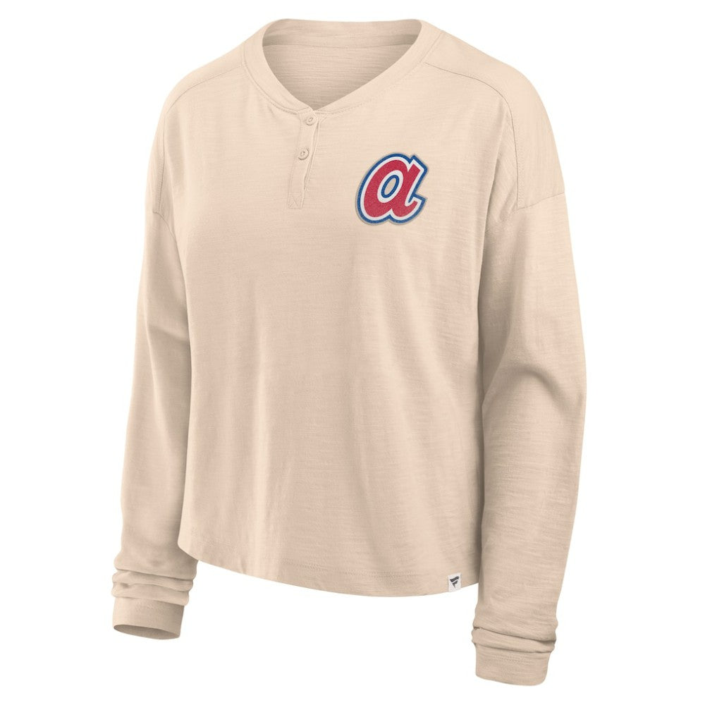 Atlanta Braves Women's Oversized Stadium Slub Long Sleeve Henley T-Shirt Tan