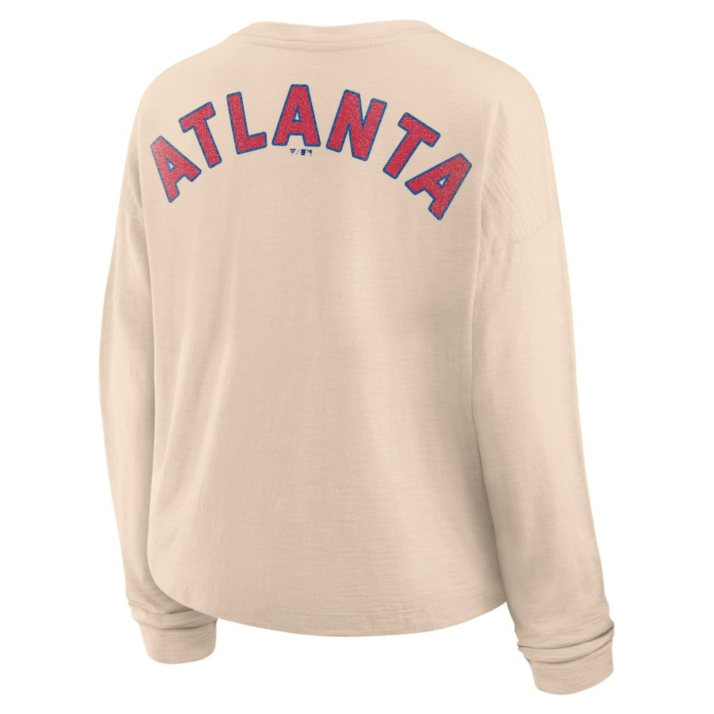 Atlanta Braves Women's Oversized Stadium Slub Long Sleeve Henley T-Shirt Tan