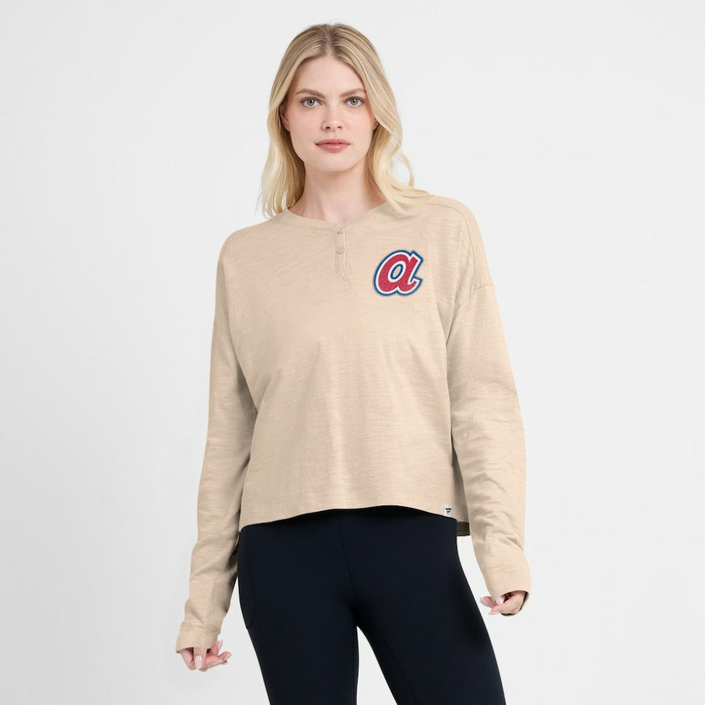 Atlanta Braves Women's Oversized Stadium Slub Long Sleeve Henley T-Shirt Tan