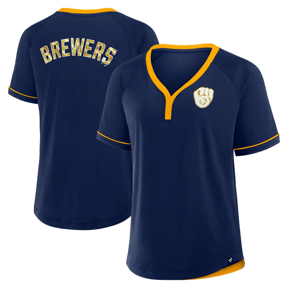 Milwaukee Brewers Women's League Diva Star Raglan V-Neck T-Shirt Navy
