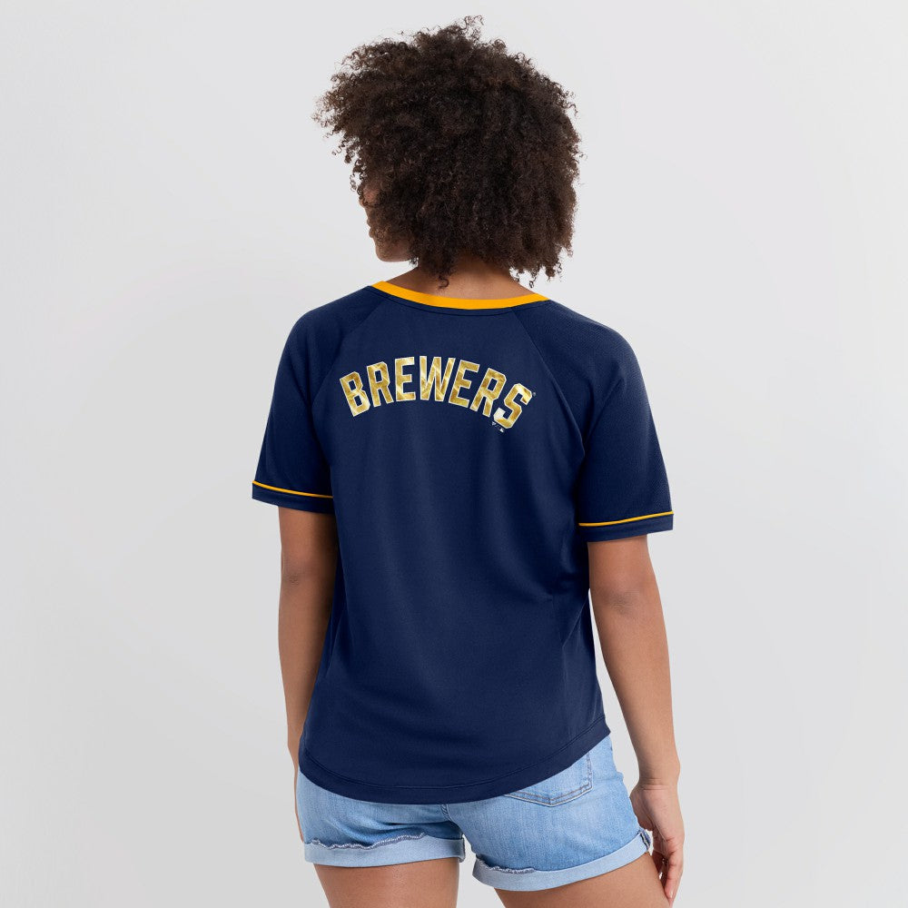 Milwaukee Brewers Women's League Diva Star Raglan V-Neck T-Shirt Navy