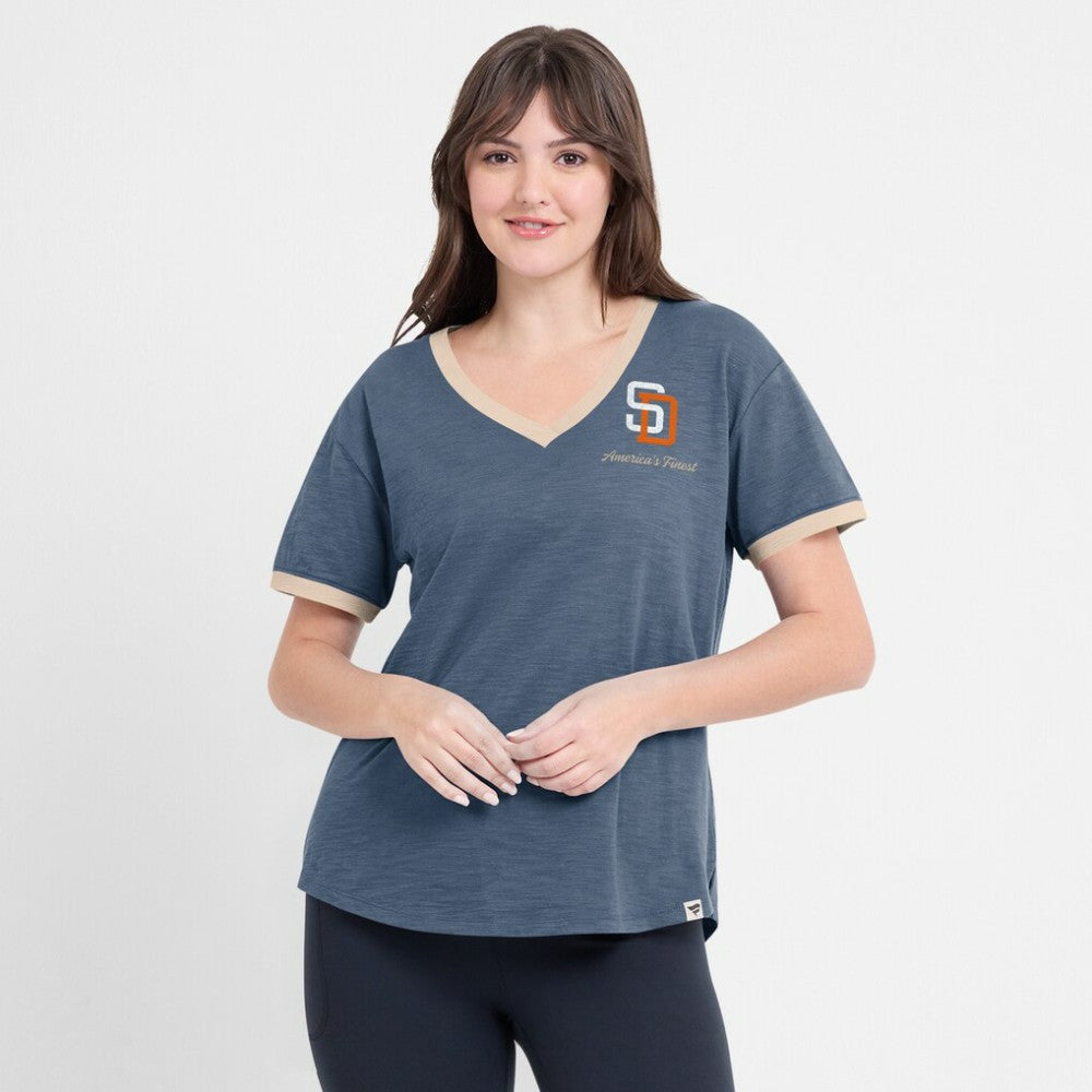 San Diego Padres Women's Binge Worthy Stadium Slub V-Neck T-Shirt Navy