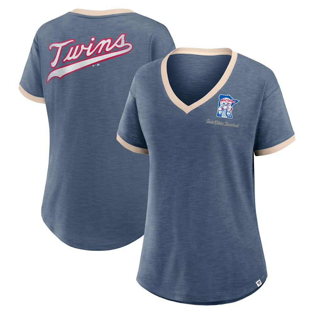 Minnesota Twins Women's Binge Worthy Stadium Slub V-Neck T-Shirt Navy