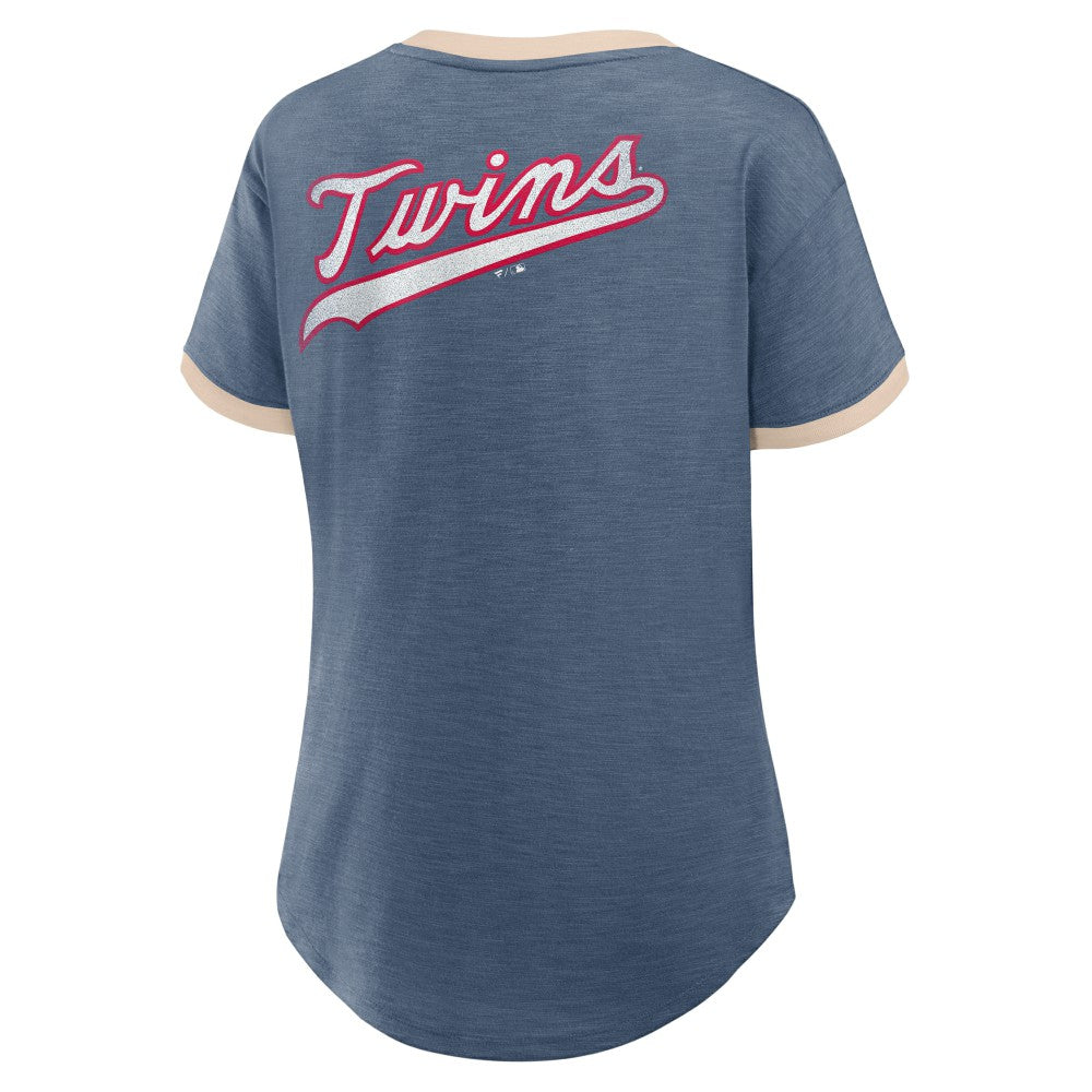 Minnesota Twins Women's Binge Worthy Stadium Slub V-Neck T-Shirt Navy