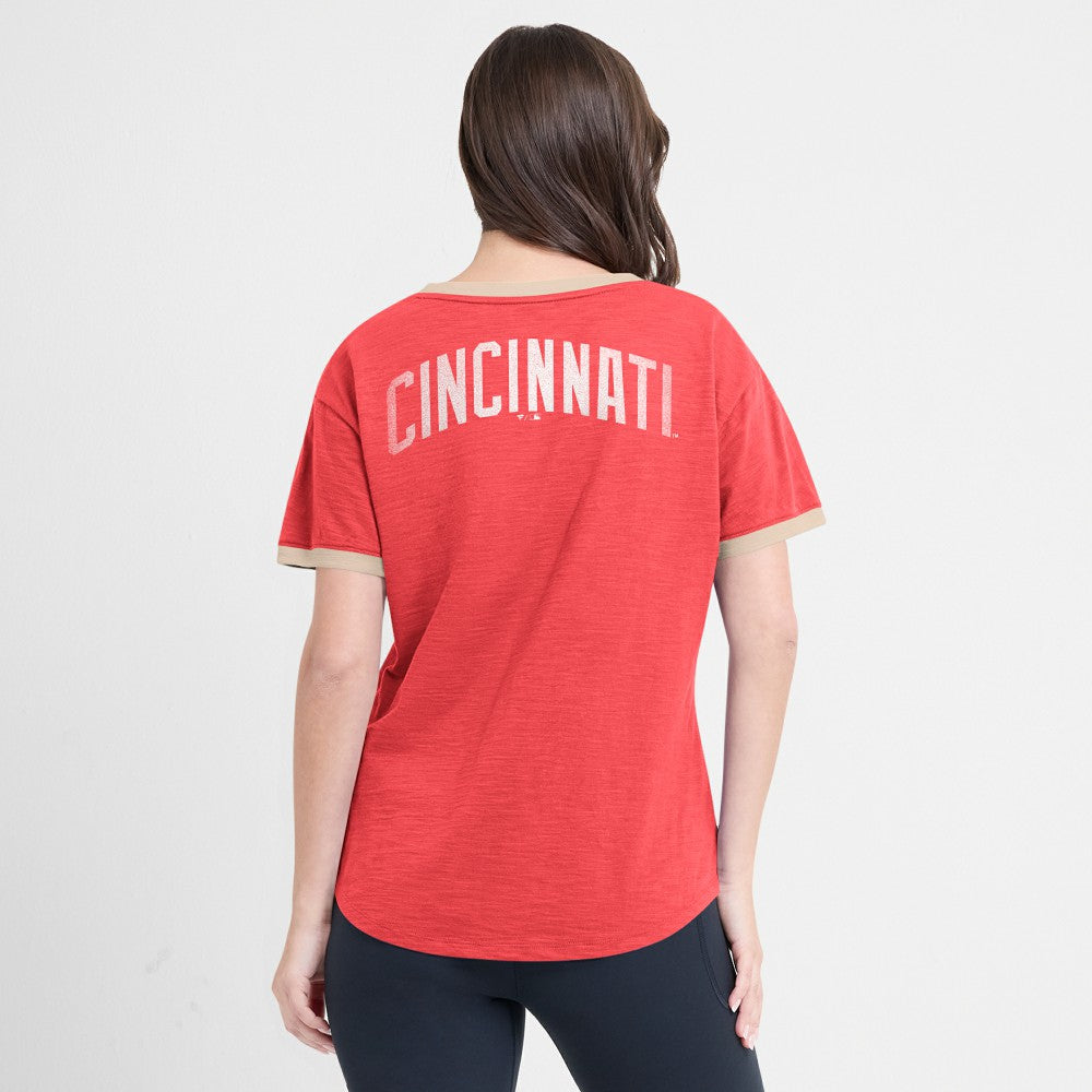 Cincinnati Reds Women's Binge Worthy Stadium Slub V-Neck T-Shirt Red