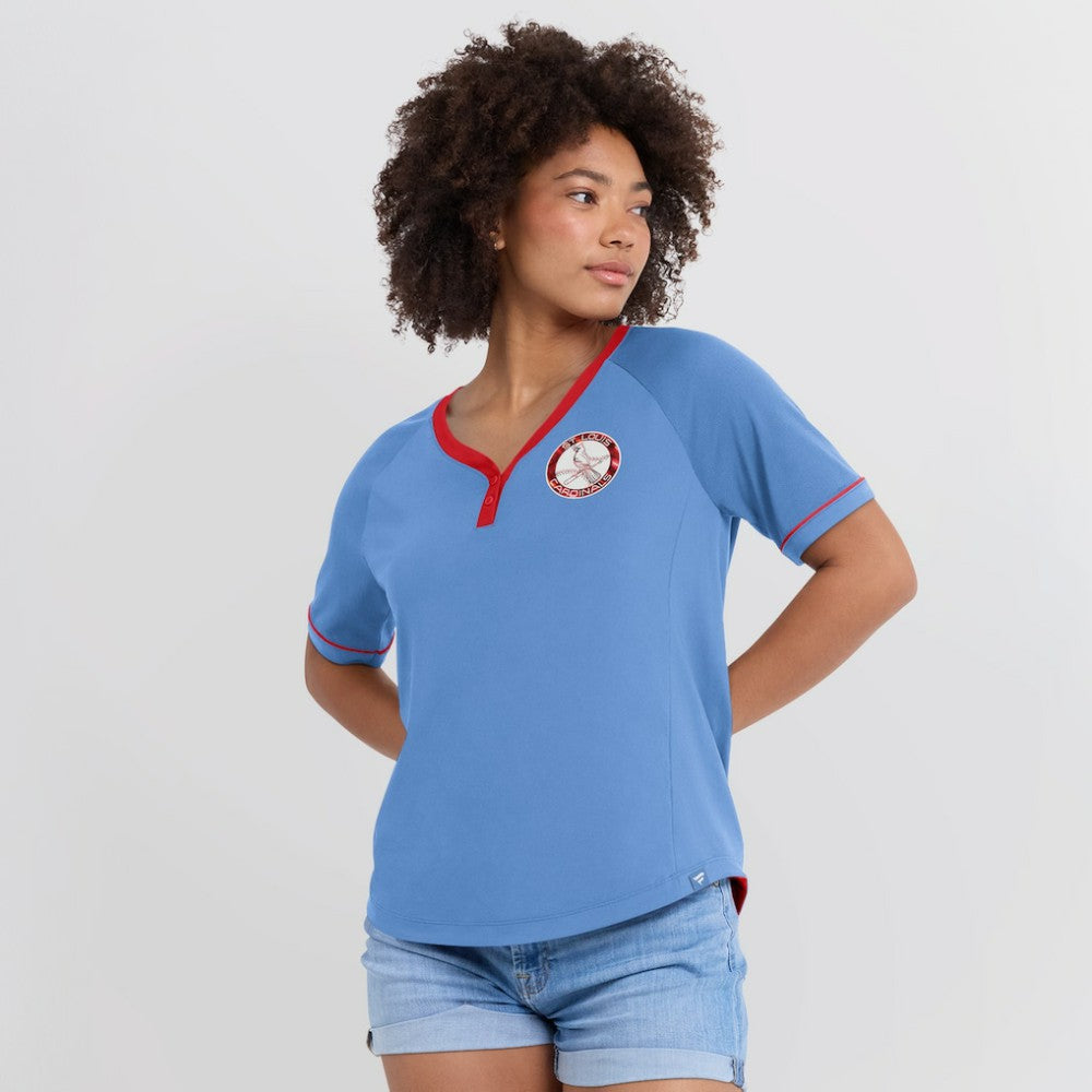 St. Louis Cardinals Women's Cooperstown Collection League Diva V-Neck T-Shirt Light Blue