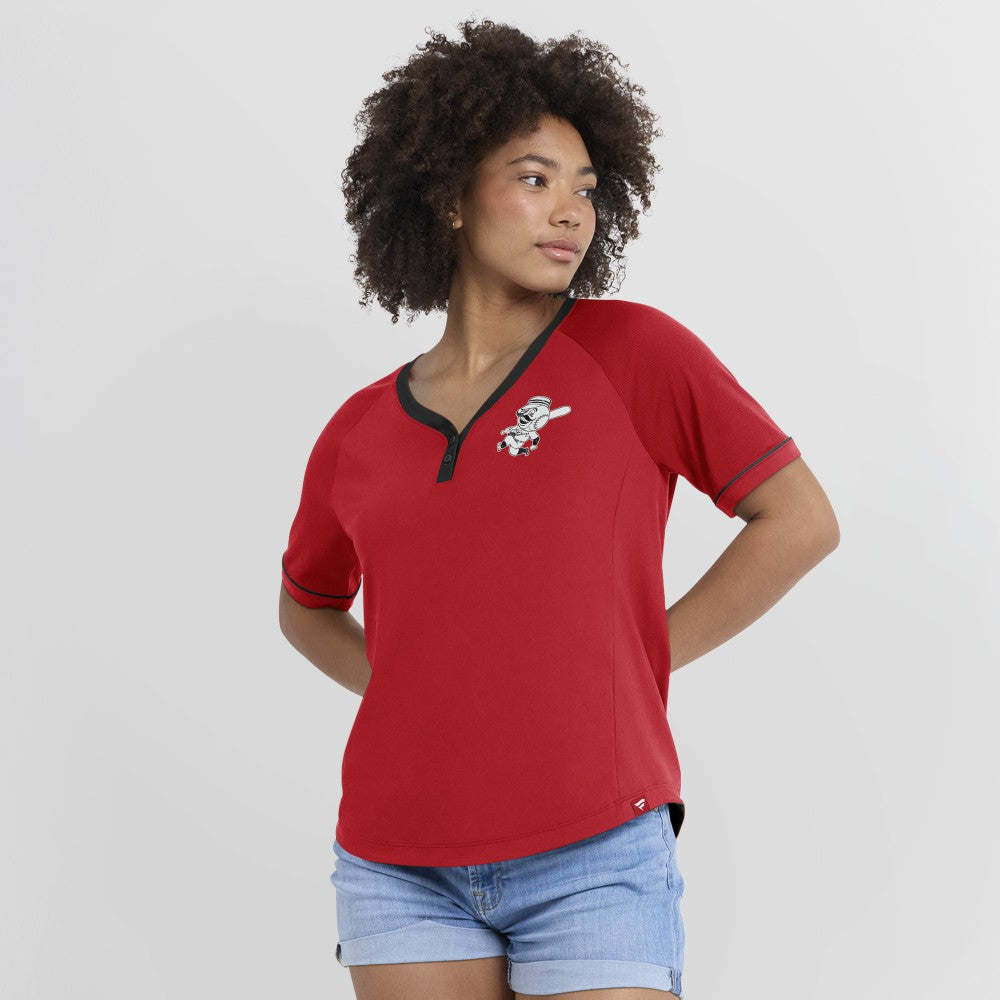 Cincinnati Reds Women's Cooperstown Collection League Diva Raglan V-Neck T-Shirt Red