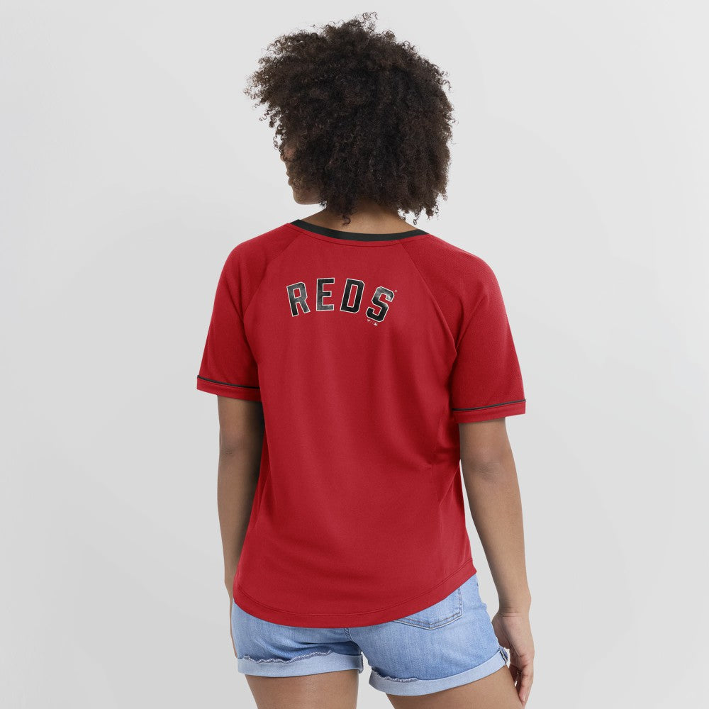 Cincinnati Reds Women's Cooperstown Collection League Diva Raglan V-Neck T-Shirt Red