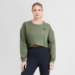 New York Yankees Women's Studio Cropped Pullover Sweatshirt Olive