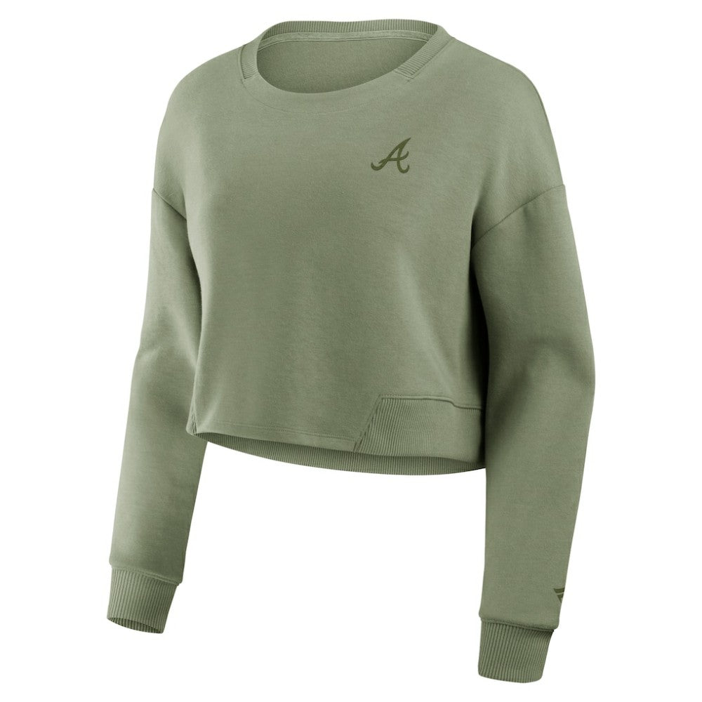 Atlanta Braves Women's Studio Cropped Pullover Sweatshirt Olive