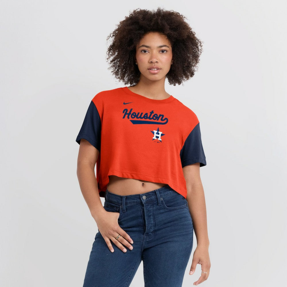 Houston Astros Women's Script Dri-FIT Cropped T-Shirt Orange/Navy | Nike