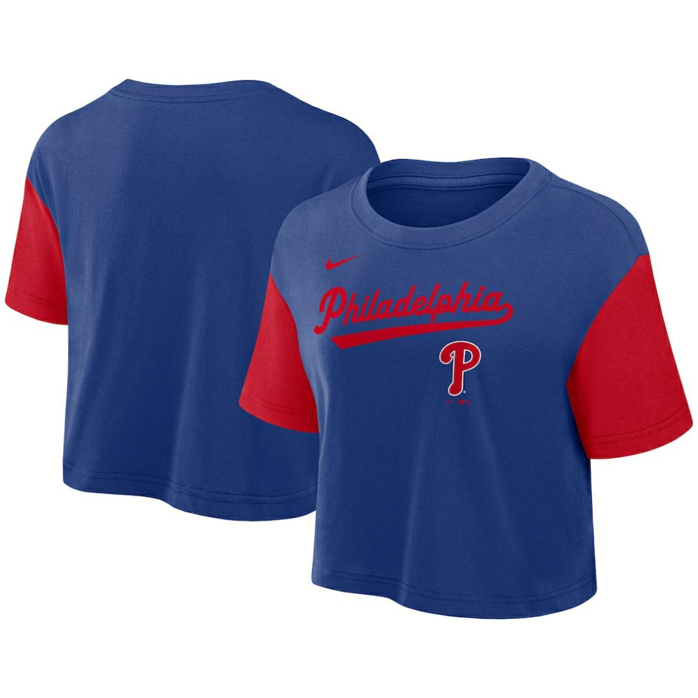 Philadelphia Phillies Women's Script Dri-FIT Cropped T-Shirt Royal/Red | Nike