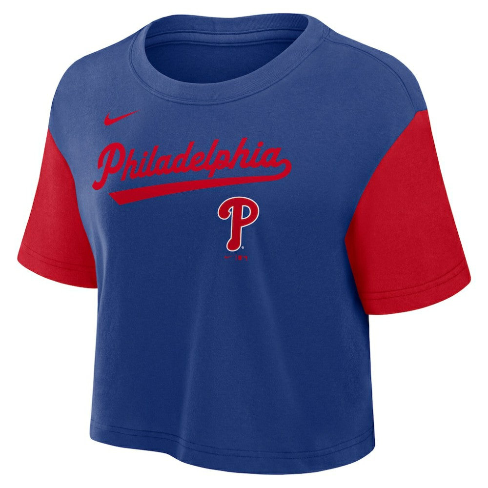 Philadelphia Phillies Women's Script Dri-FIT Cropped T-Shirt Royal/Red | Nike