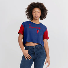 Philadelphia Phillies Women's Script Dri-FIT Cropped T-Shirt Royal/Red | Nike
