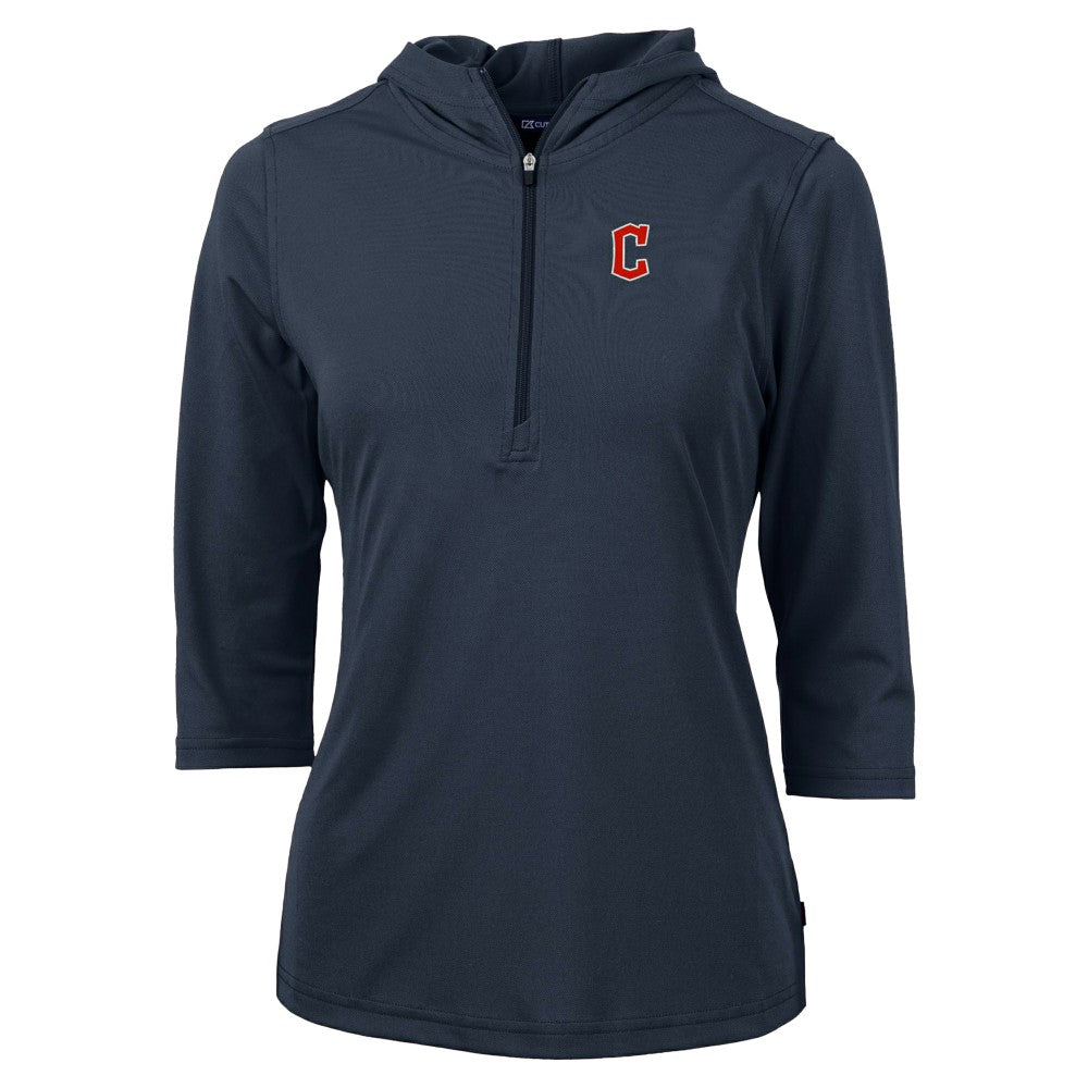 Cleveland Guardians Cutter & Buck Women's  DryTec Virtue Eco Pique Recycled 3/4-Sleeve Half-Zip Pullover Hoodie Navy