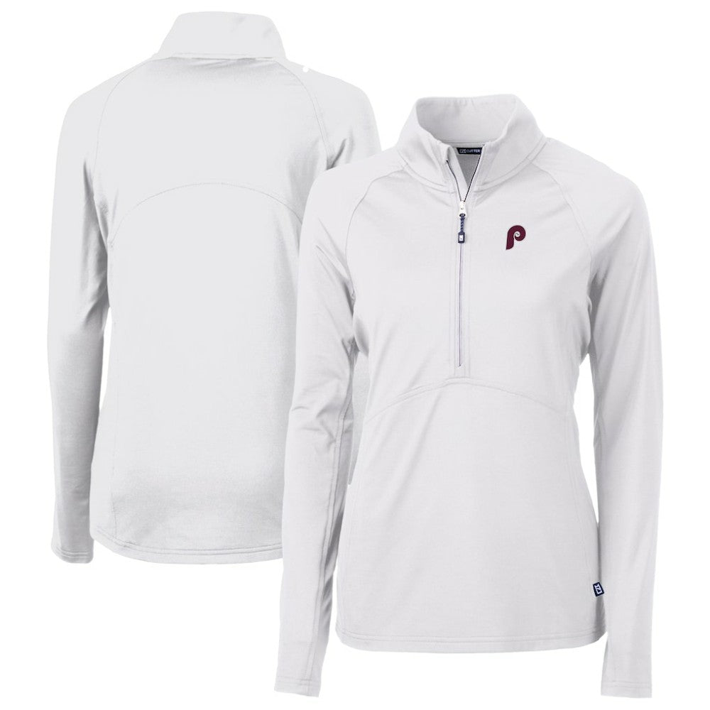 Philadelphia Phillies Cutter & Buck Women's Cooperstown Collection DryTec Adapt Eco Knit Stretch Recycled Raglan Half-Zip Top White