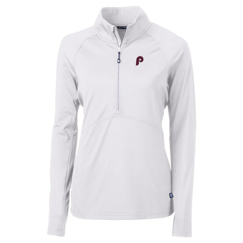 Philadelphia Phillies Cutter & Buck Women's Cooperstown Collection DryTec Adapt Eco Knit Stretch Recycled Raglan Half-Zip Top White