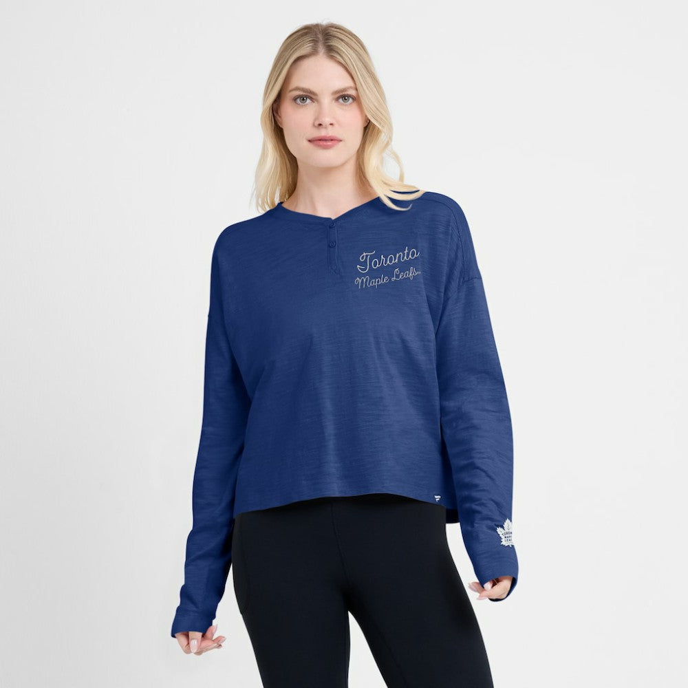 Toronto Maple Leafs Fanatics Women's Oversized All Out Effort Long Sleeve Henley T-Shirt Blue