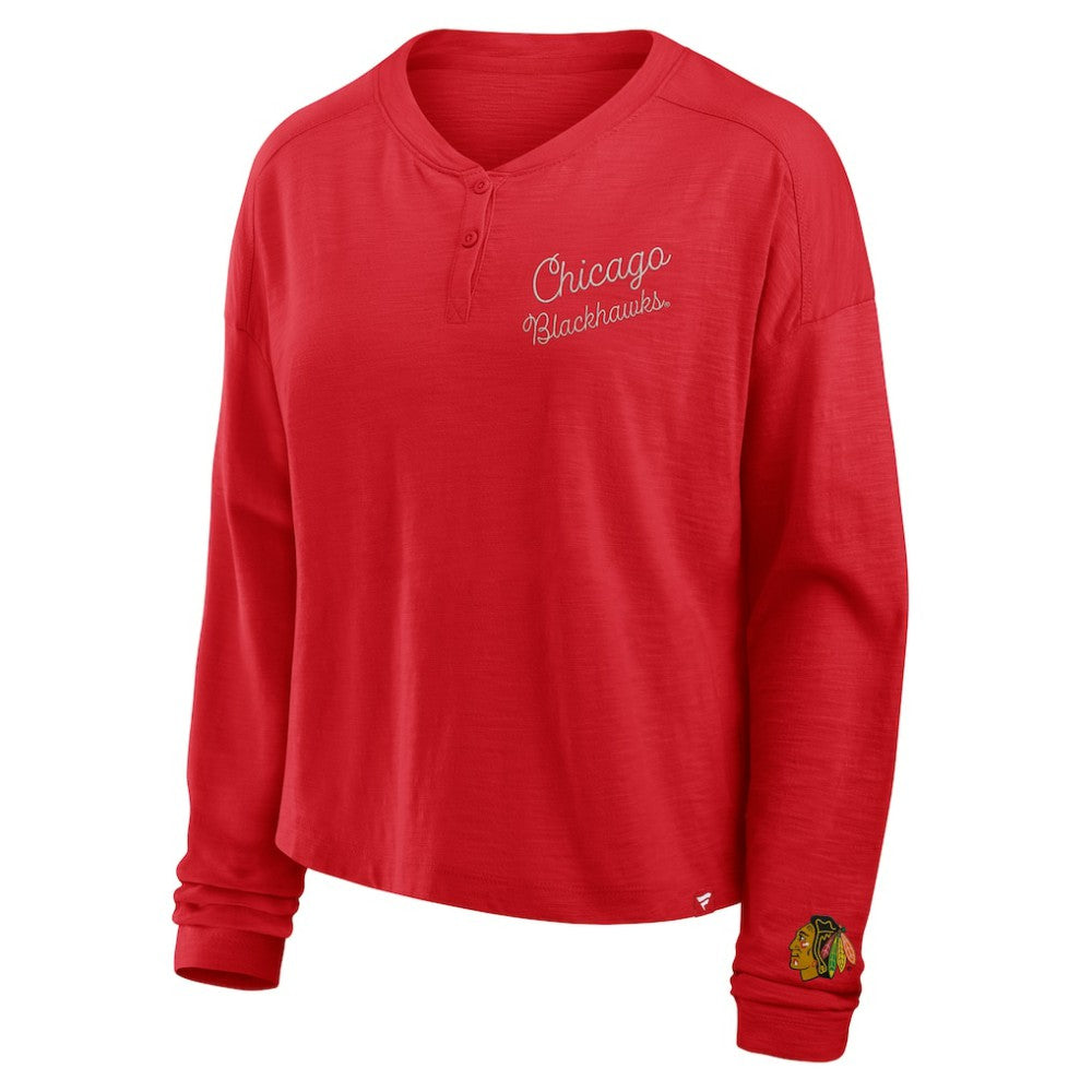 Chicago Blackhawks Fanatics Women's Oversized All Out Effort Long Sleeve Henley T-Shirt Red
