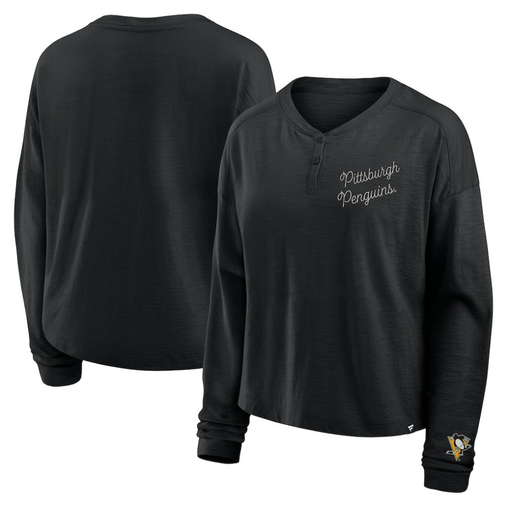 Pittsburgh Penguins Fanatics Women's Oversized All Out Effort Long Sleeve Henley T-Shirt Black