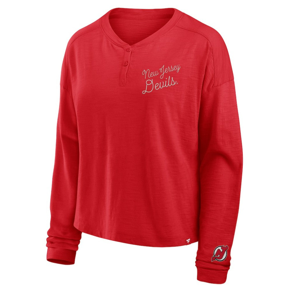 New Jersey Devils Fanatics Women's Oversized All Out Effort Long Sleeve Henley T-Shirt Red