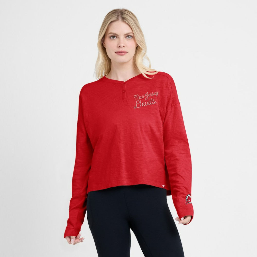 New Jersey Devils Fanatics Women's Oversized All Out Effort Long Sleeve Henley T-Shirt Red